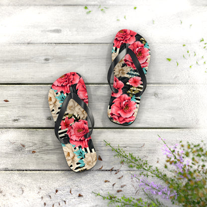 Stripes and Pink Roses Flip Flops - Cottage Garden Decor