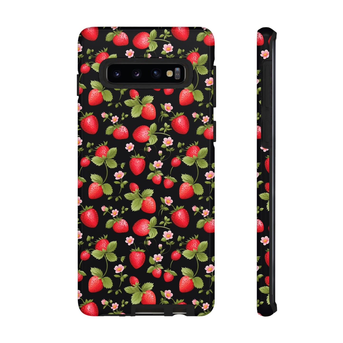 Strawberry's and Pink Flowers on Black Tough Phone Case - Cottage Garden Decor