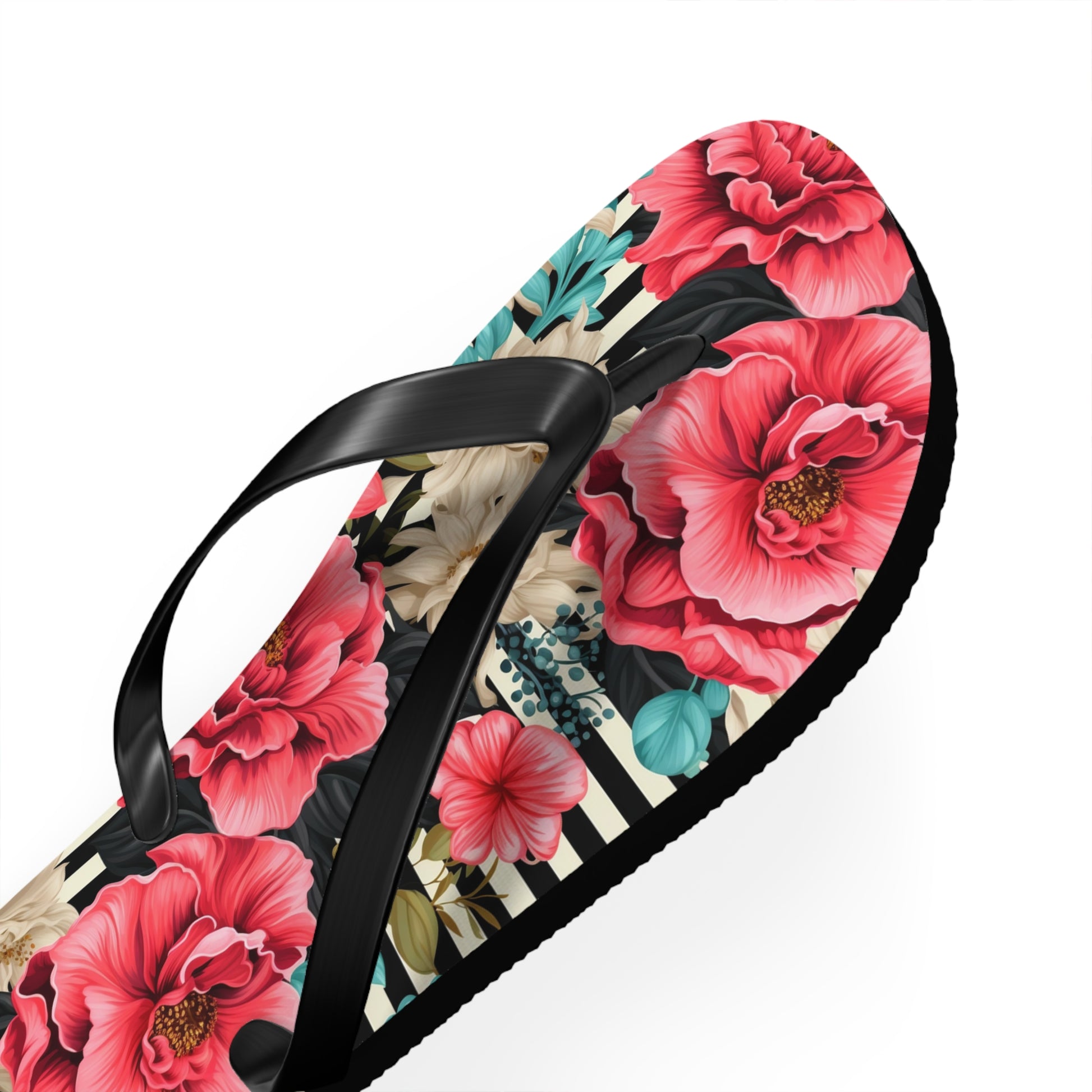 Stripes and Pink Roses Flip Flops - Cottage Garden Decor