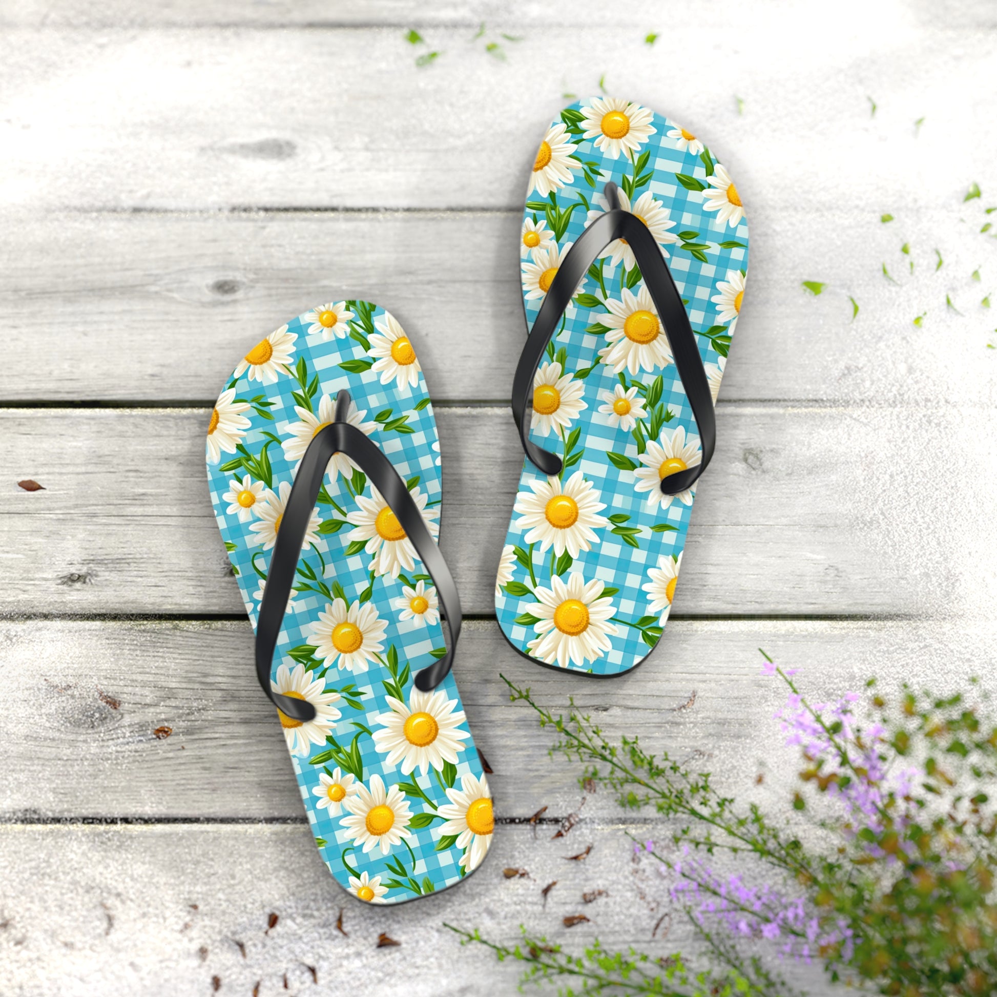 Bright Blue Gingham and Daisy's Flip Flops - Cottage Garden Decor