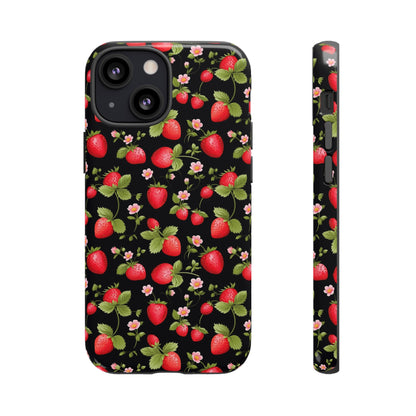 Strawberry's and Pink Flowers on Black Tough Phone Case - Cottage Garden Decor