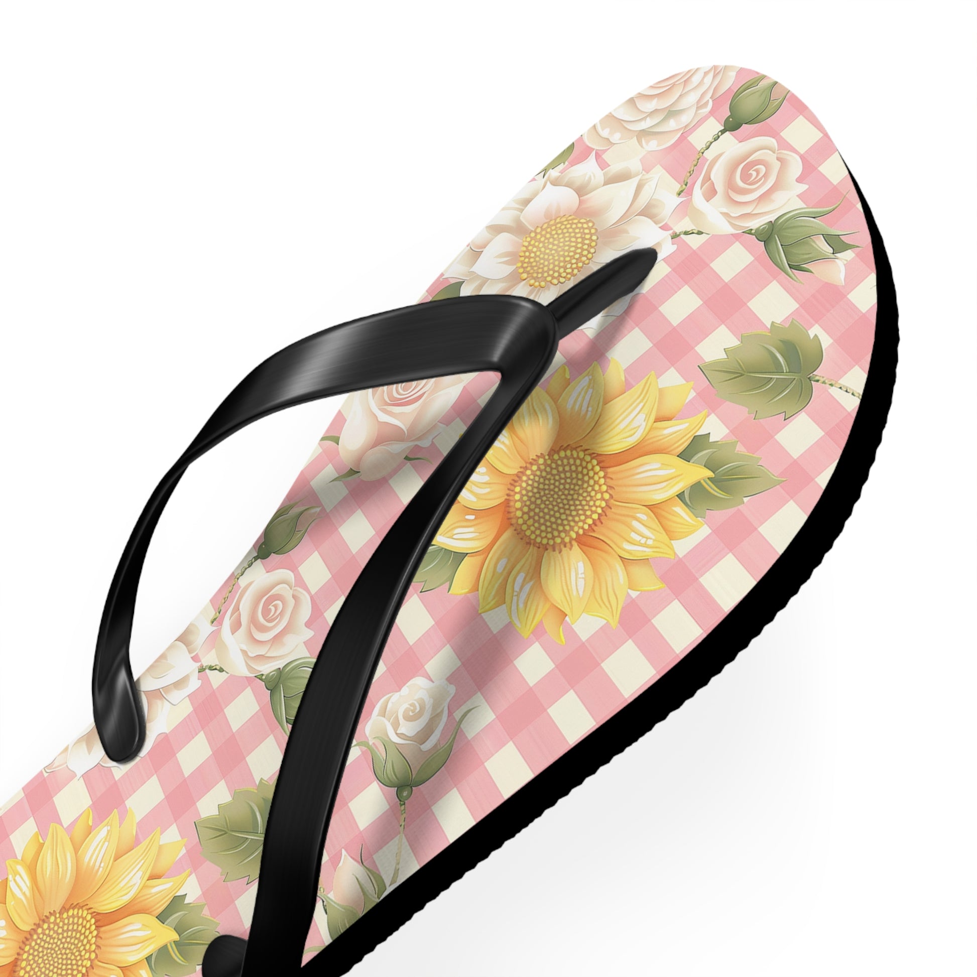 Sweet Bright Pink Gingham Floral Flip Flops - Cottage Garden Decor