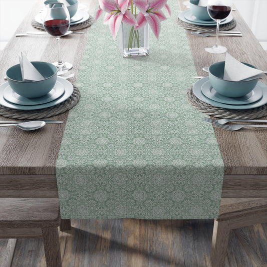 Cottagecore Green Damask print Table Runner (Cotton, Poly) - Cottage Garden Decor