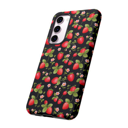 Strawberry's and Pink Flowers on Black Tough Phone Case - Cottage Garden Decor