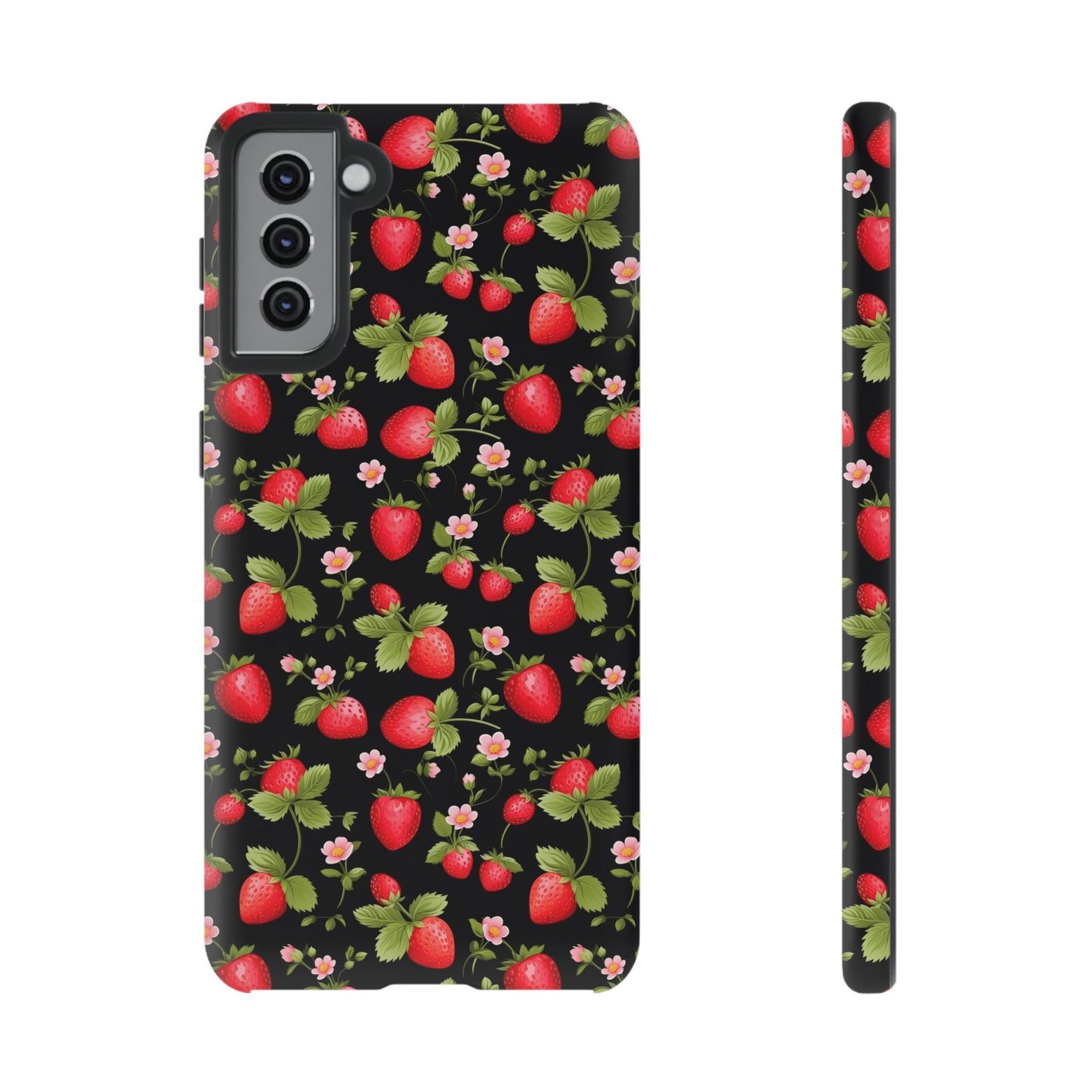 Strawberry's and Pink Flowers on Black Tough Phone Case - Cottage Garden Decor