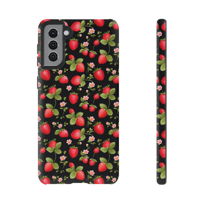 Strawberry's and Pink Flowers on Black Tough Phone Case - Cottage Garden Decor