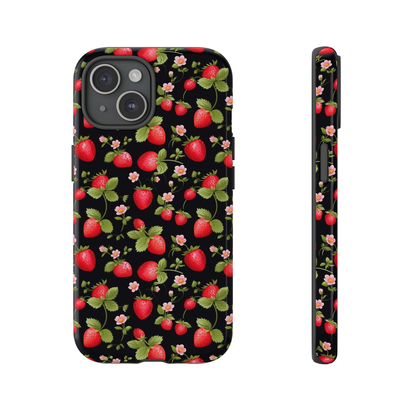 Strawberry's and Pink Flowers on Black Tough Phone Case - Cottage Garden Decor