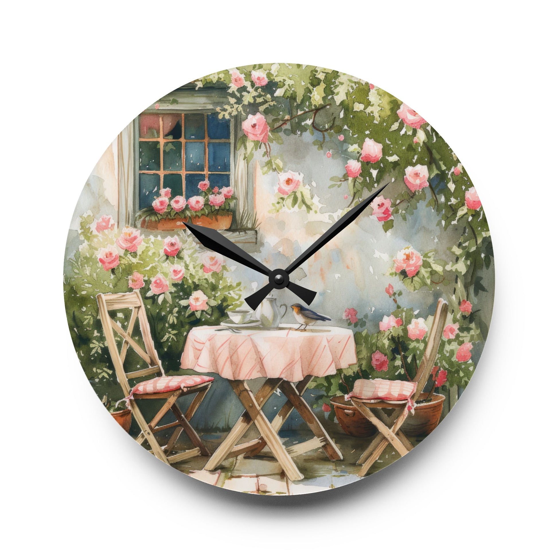 WaterColor Cottage Garden Table and Chairs Acrylic Wall Clock - Cottage Garden Decor