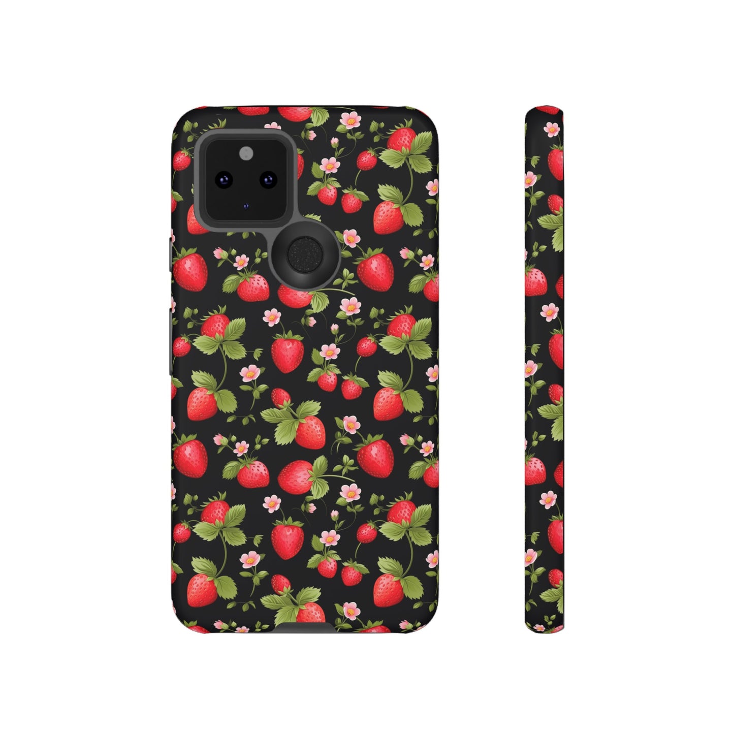 Strawberry's and Pink Flowers on Black Tough Phone Case - Cottage Garden Decor