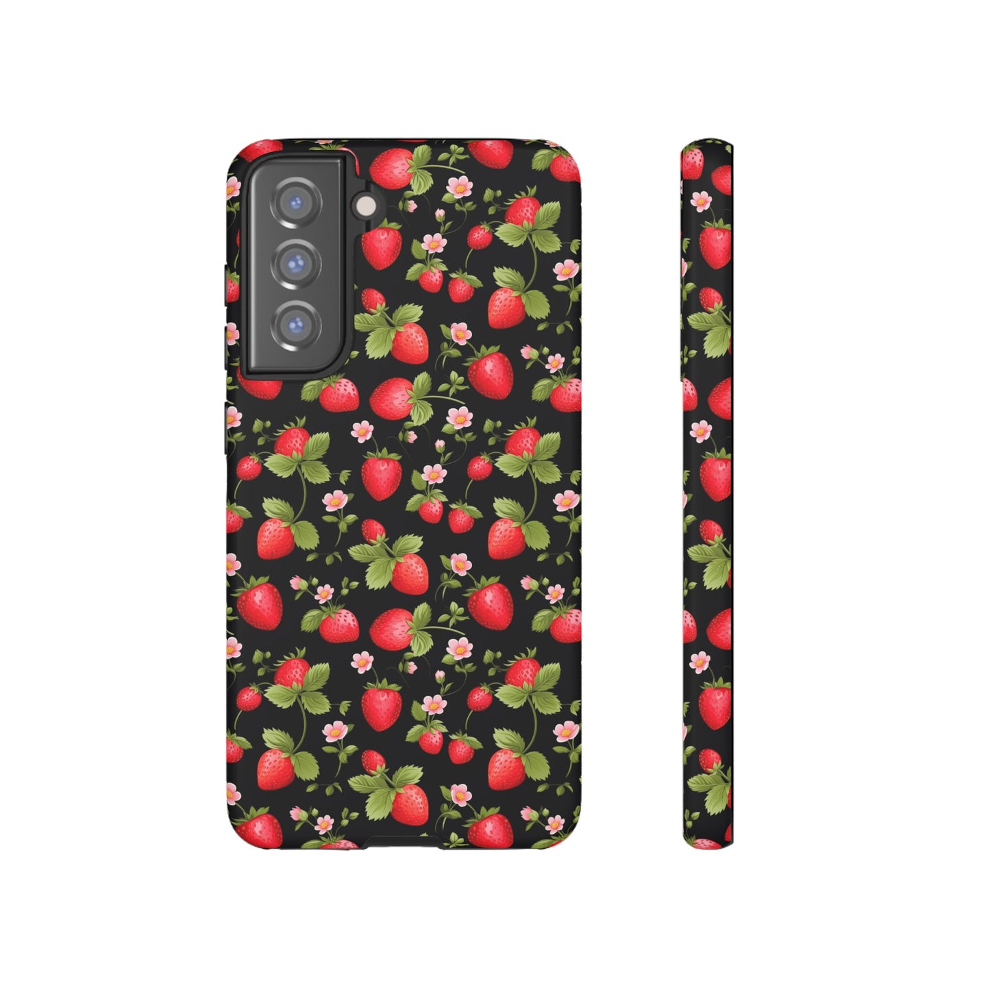 Strawberry's and Pink Flowers on Black Tough Phone Case - Cottage Garden Decor