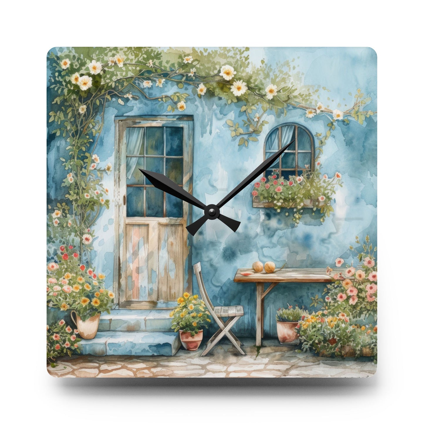 Blue Cottage Back Door Acrylic Wall Clock - Cottage Garden Decor