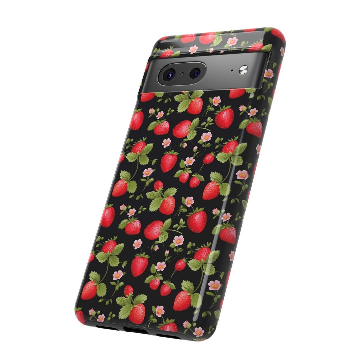 Strawberry's and Pink Flowers on Black Tough Phone Case - Cottage Garden Decor