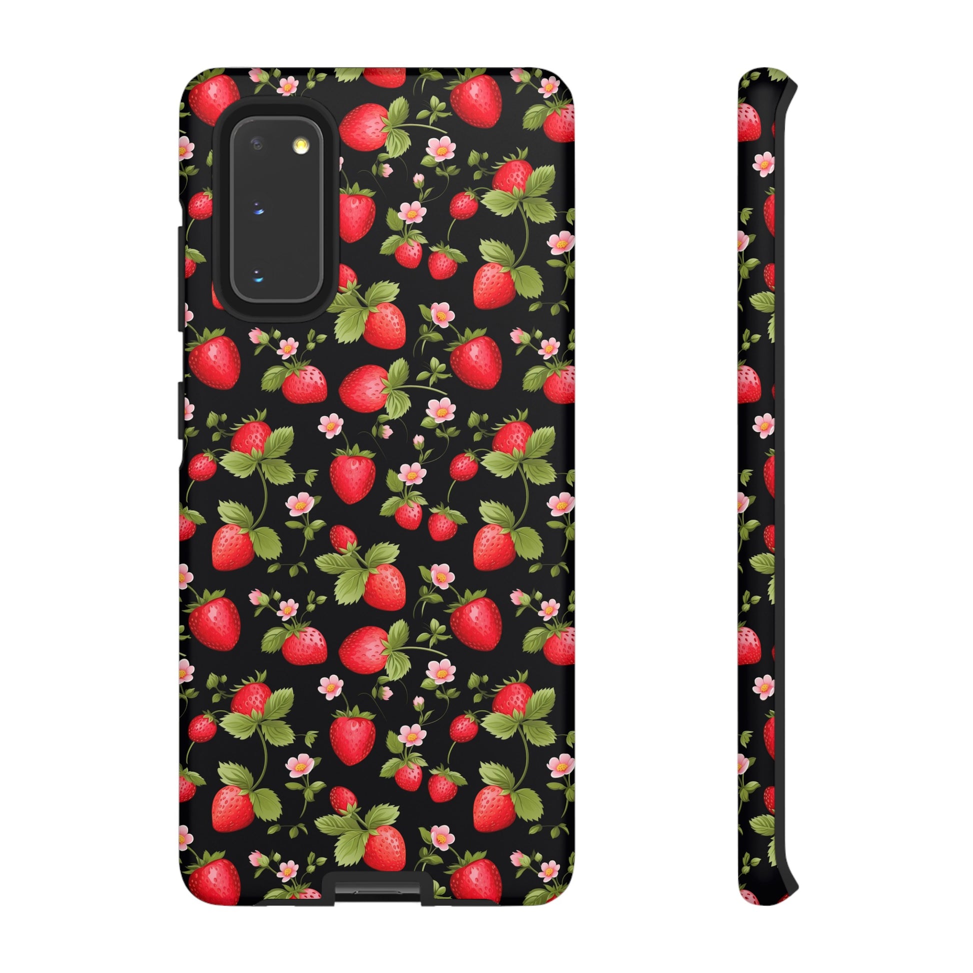 Strawberry's and Pink Flowers on Black Tough Phone Case - Cottage Garden Decor