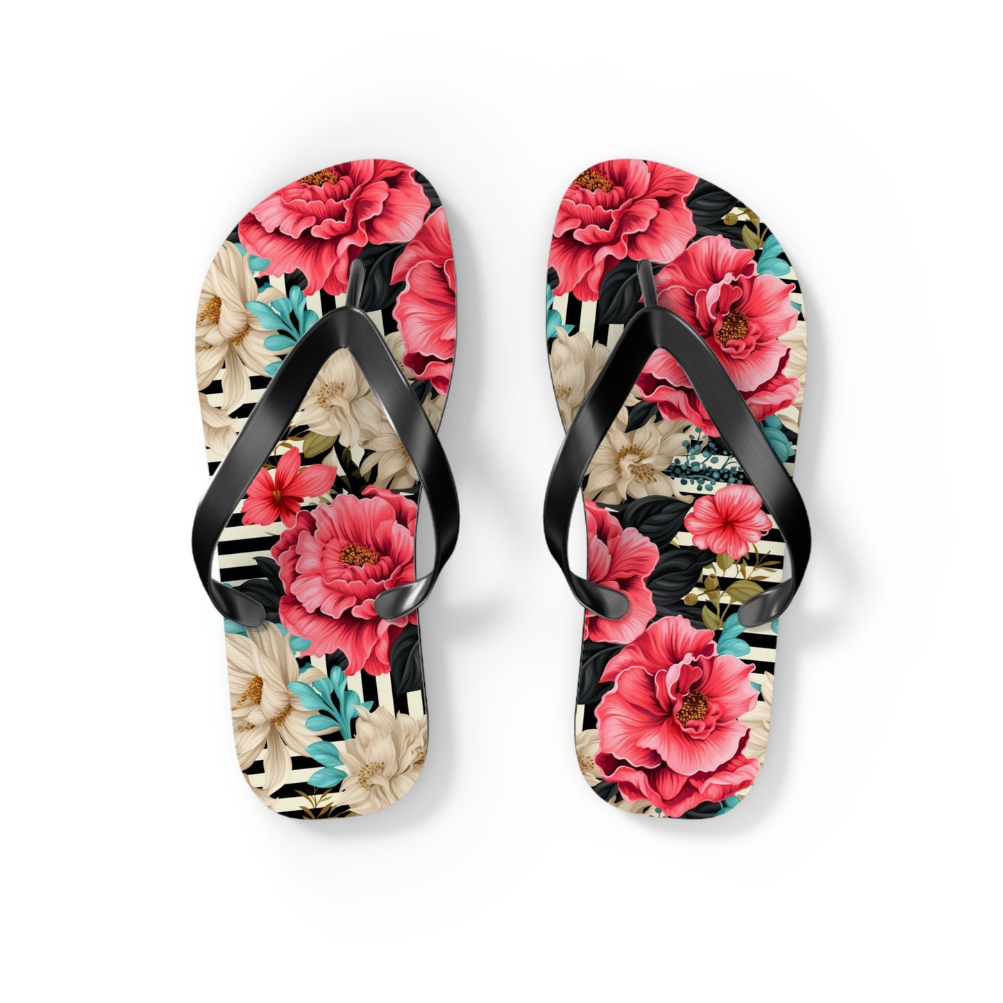 Stripes and Pink Roses Flip Flops - Cottage Garden Decor