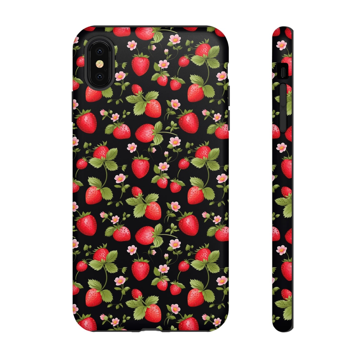 Strawberry's and Pink Flowers on Black Tough Phone Case - Cottage Garden Decor