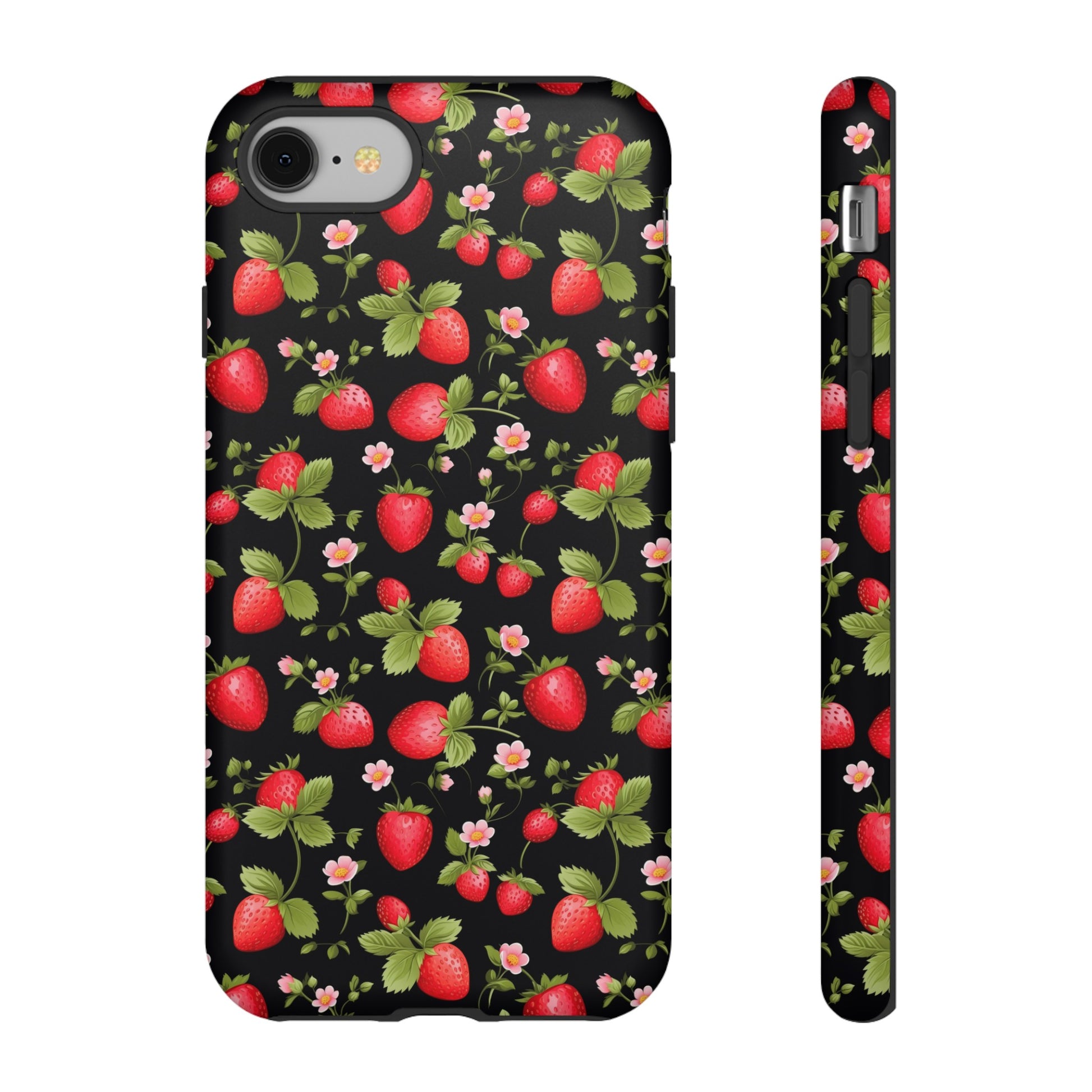 Strawberry's and Pink Flowers on Black Tough Phone Case - Cottage Garden Decor