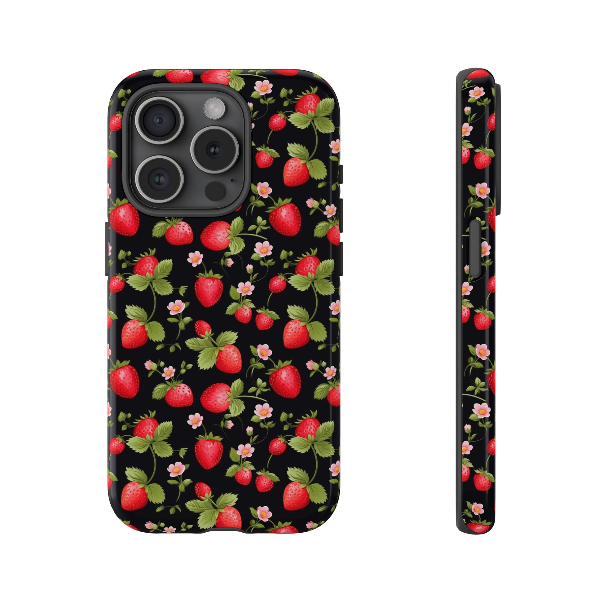 Strawberry's and Pink Flowers on Black Tough Phone Case - Cottage Garden Decor