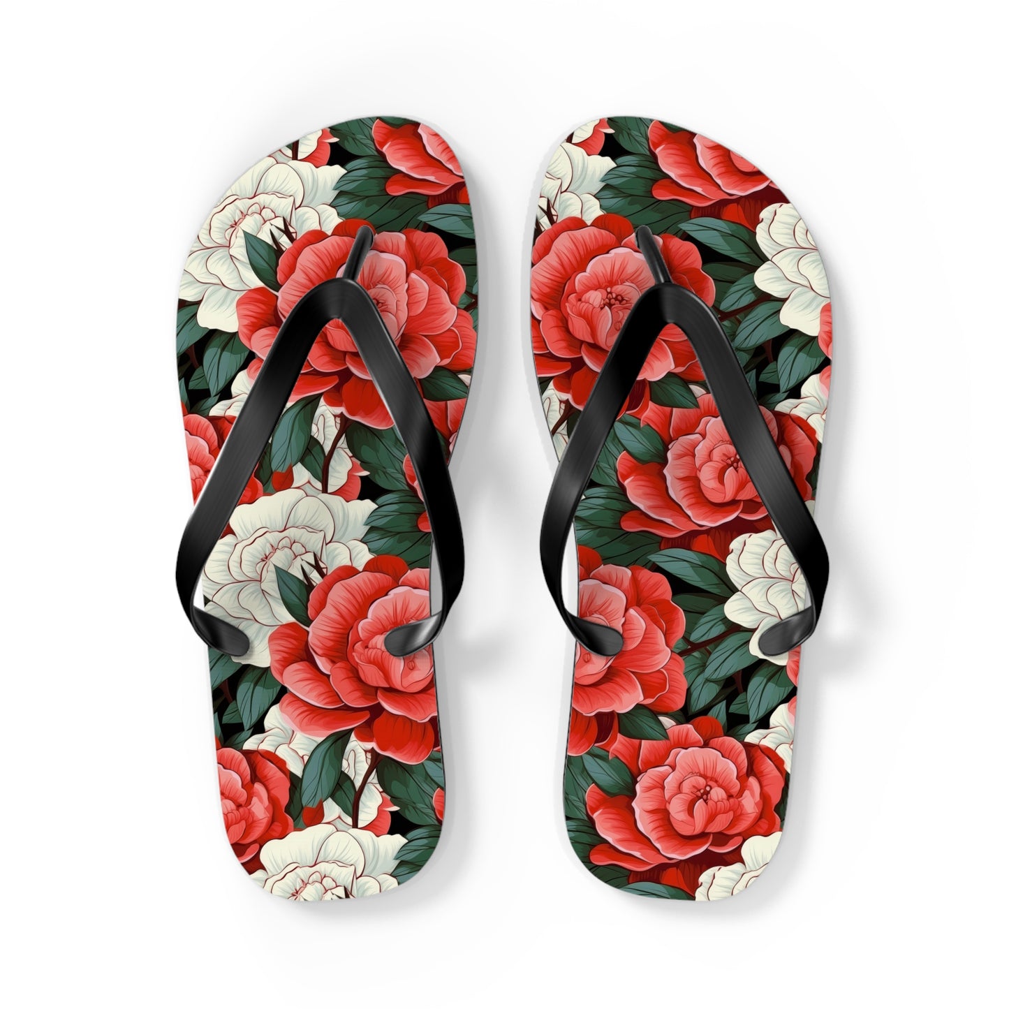 Charming Red and White Rose Flip Flops - Cottage Garden Decor