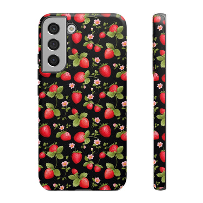 Strawberry's and Pink Flowers on Black Tough Phone Case - Cottage Garden Decor