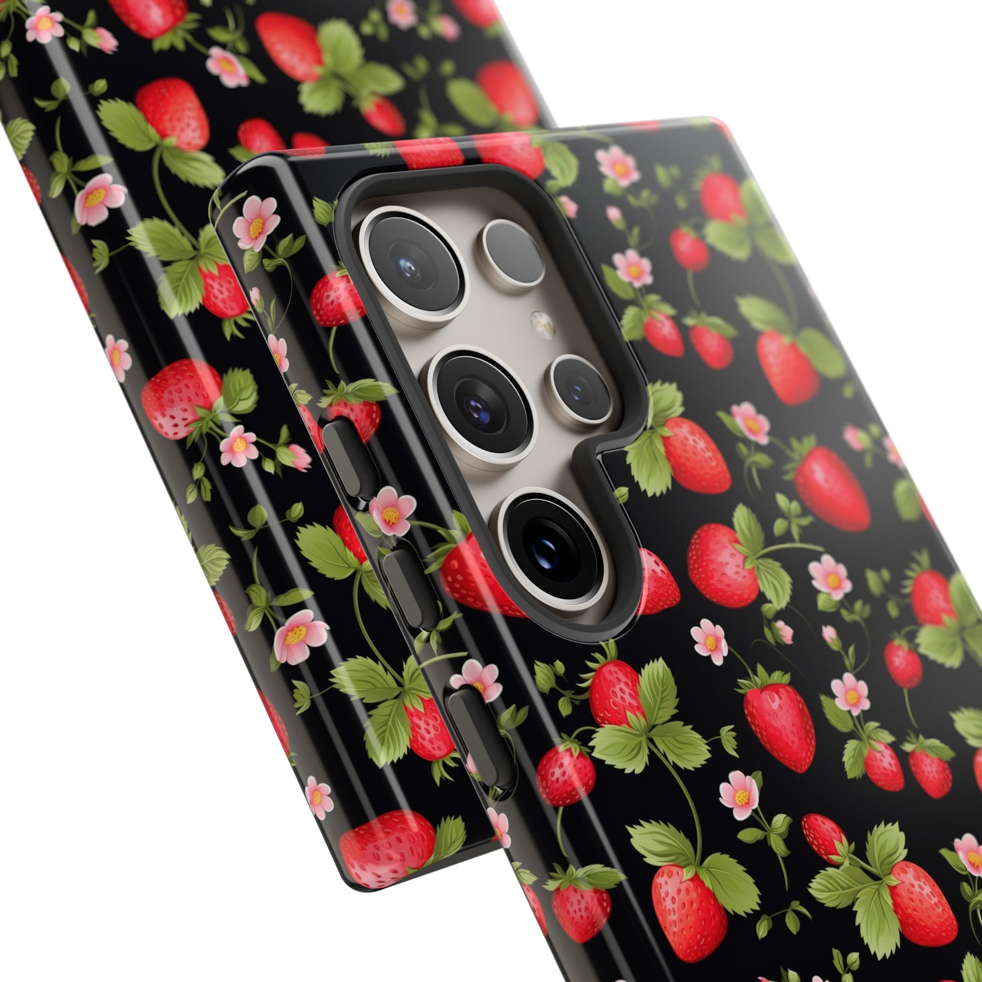 Strawberry's and Pink Flowers on Black Tough Phone Case - Cottage Garden Decor