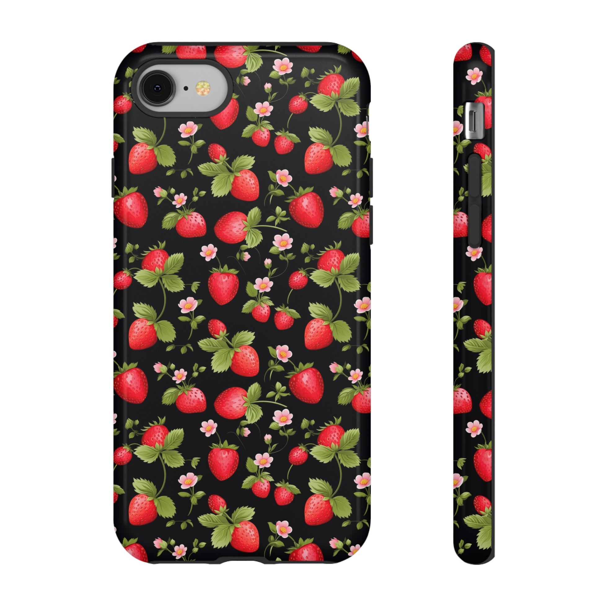 Strawberry's and Pink Flowers on Black Tough Phone Case - Cottage Garden Decor