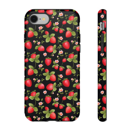 Strawberry's and Pink Flowers on Black Tough Phone Case - Cottage Garden Decor