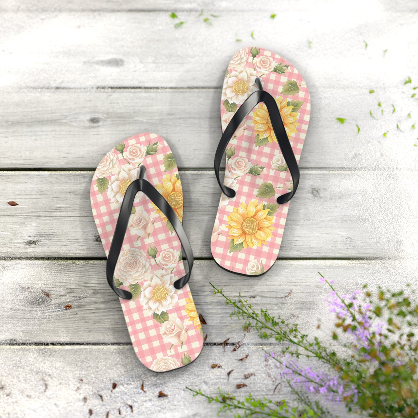 Sweet Bright Pink Gingham Floral Flip Flops - Cottage Garden Decor