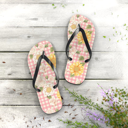 Sweet Bright Pink Gingham Floral Flip Flops - Cottage Garden Decor