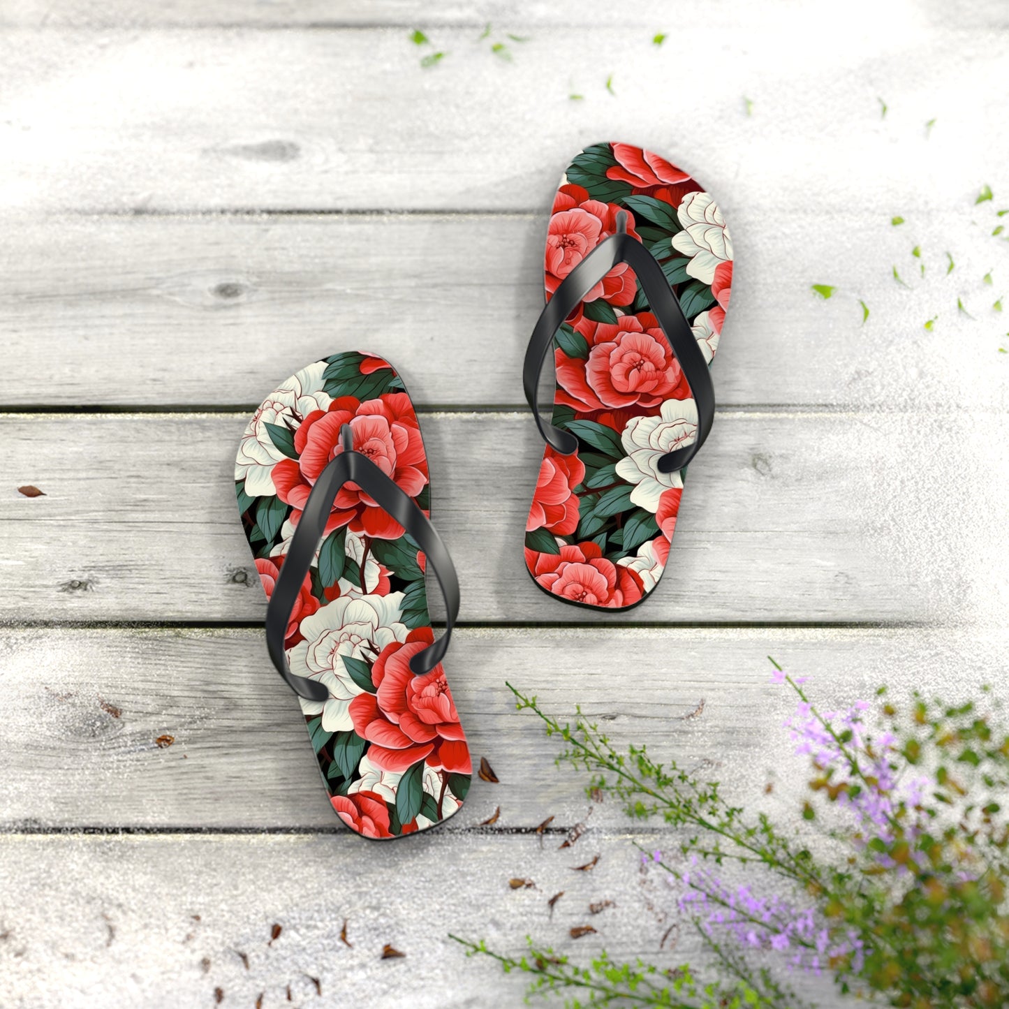 Charming Red and White Rose Flip Flops - Cottage Garden Decor