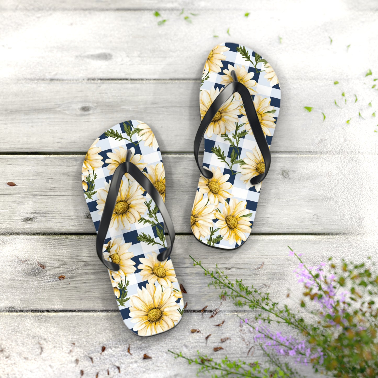 Blue and White Gingham Daisy Flip Flops - Cottage Garden Decor