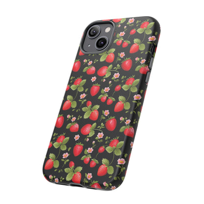 Strawberry's and Pink Flowers on Black Tough Phone Case - Cottage Garden Decor