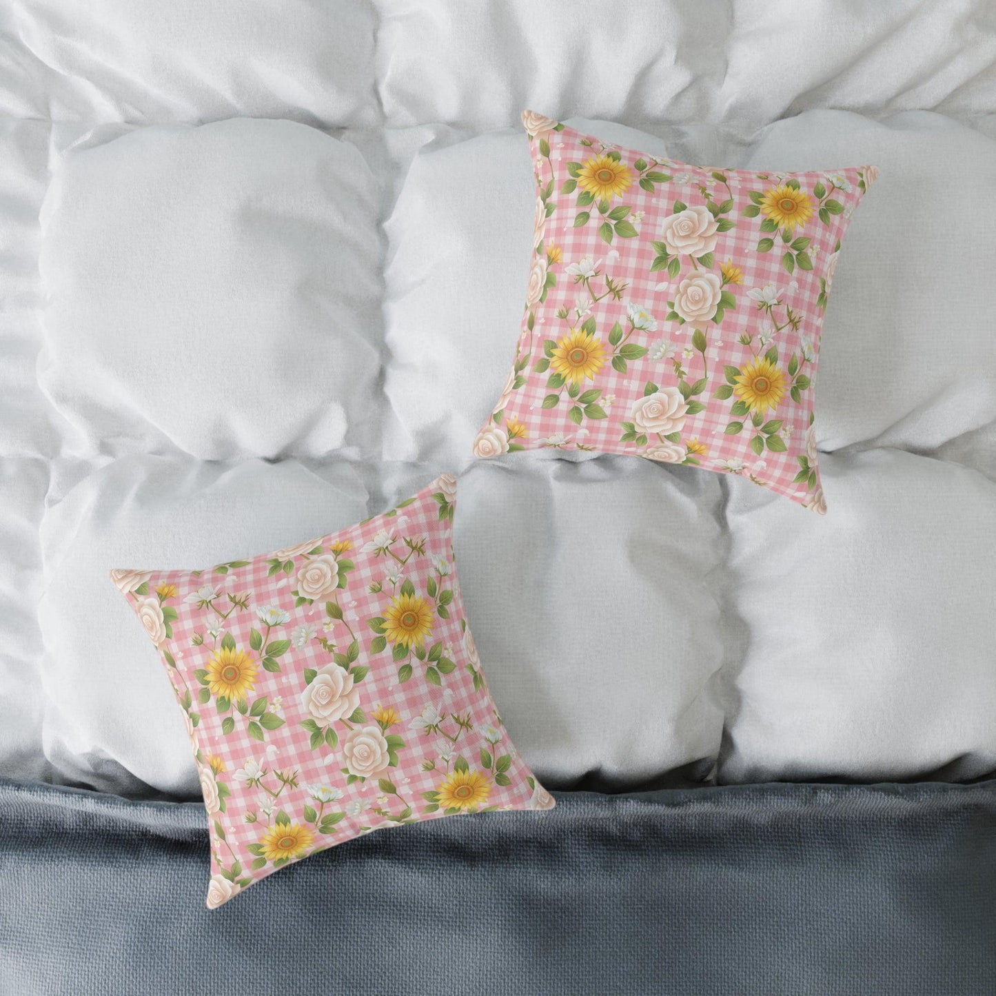 Pink Gingham Floral Cushion: A Blooming Beauty - Cottage Garden Decor