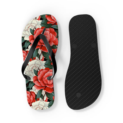 Charming Red and White Rose Flip Flops - Cottage Garden Decor