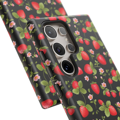 Strawberry's and Pink Flowers on Black Tough Phone Case - Cottage Garden Decor