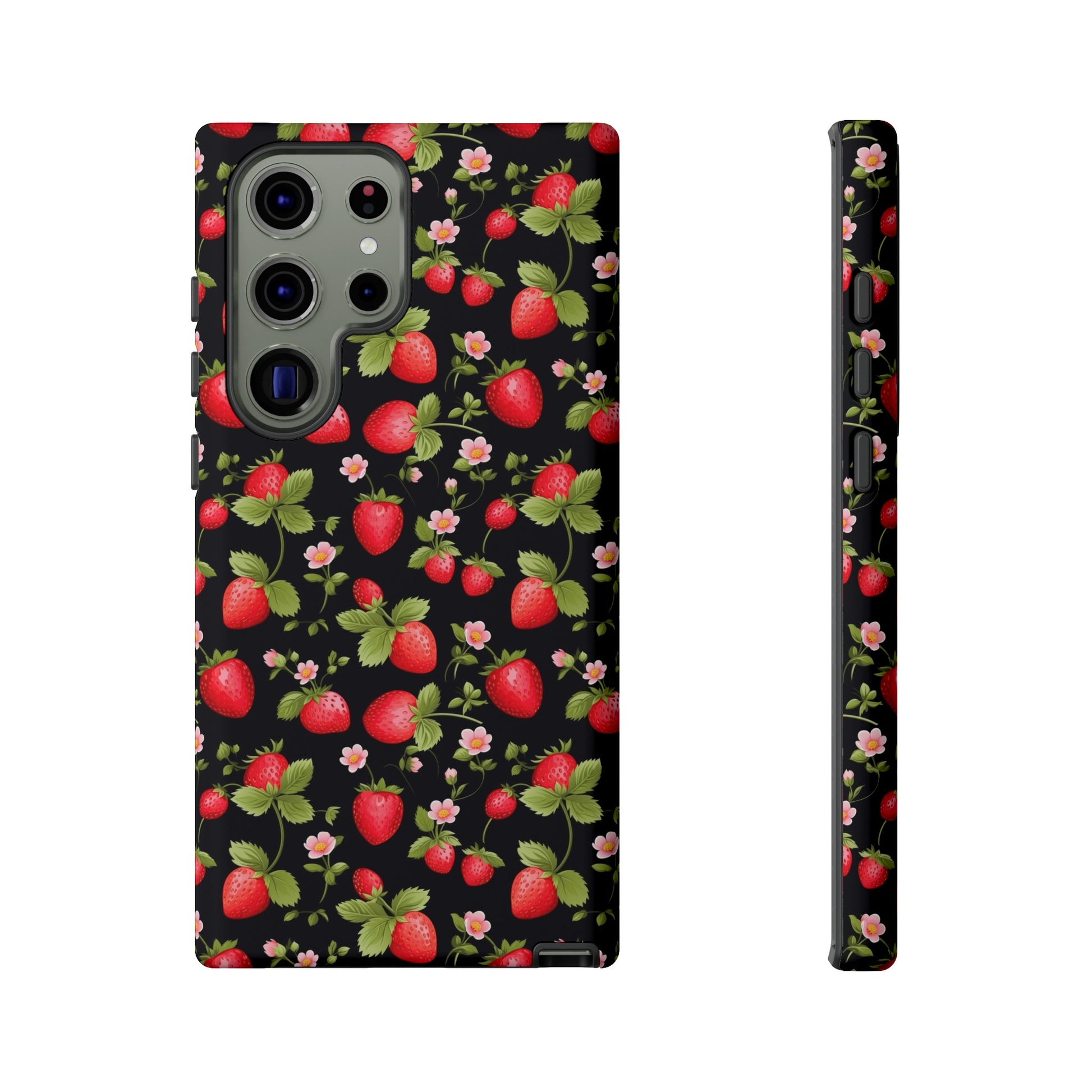 Strawberry's and Pink Flowers on Black Tough Phone Case - Cottage Garden Decor