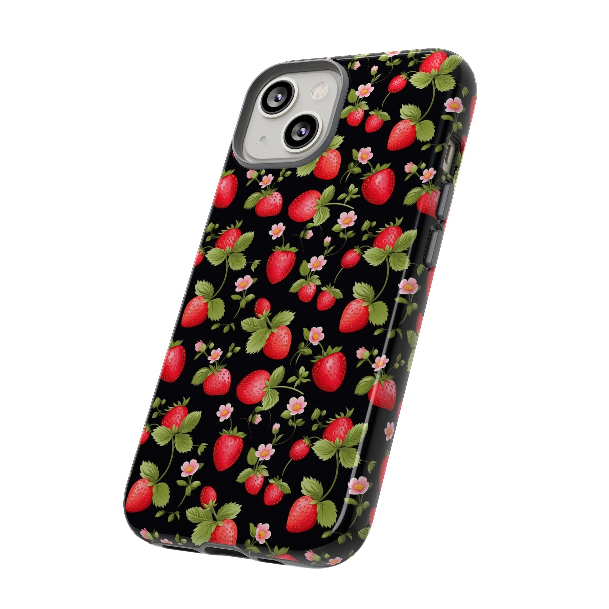 Strawberry's and Pink Flowers on Black Tough Phone Case - Cottage Garden Decor