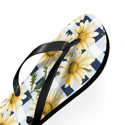 Blue and White Gingham Daisy Flip Flops - Cottage Garden Decor