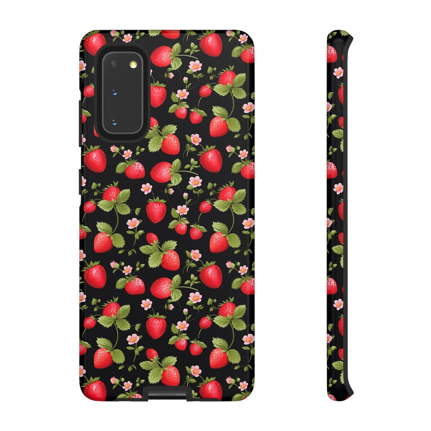 Strawberry's and Pink Flowers on Black Tough Phone Case - Cottage Garden Decor