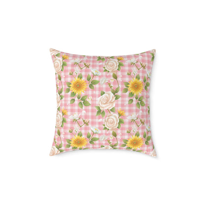 Pink Gingham Floral Cushion: A Blooming Beauty - Cottage Garden Decor