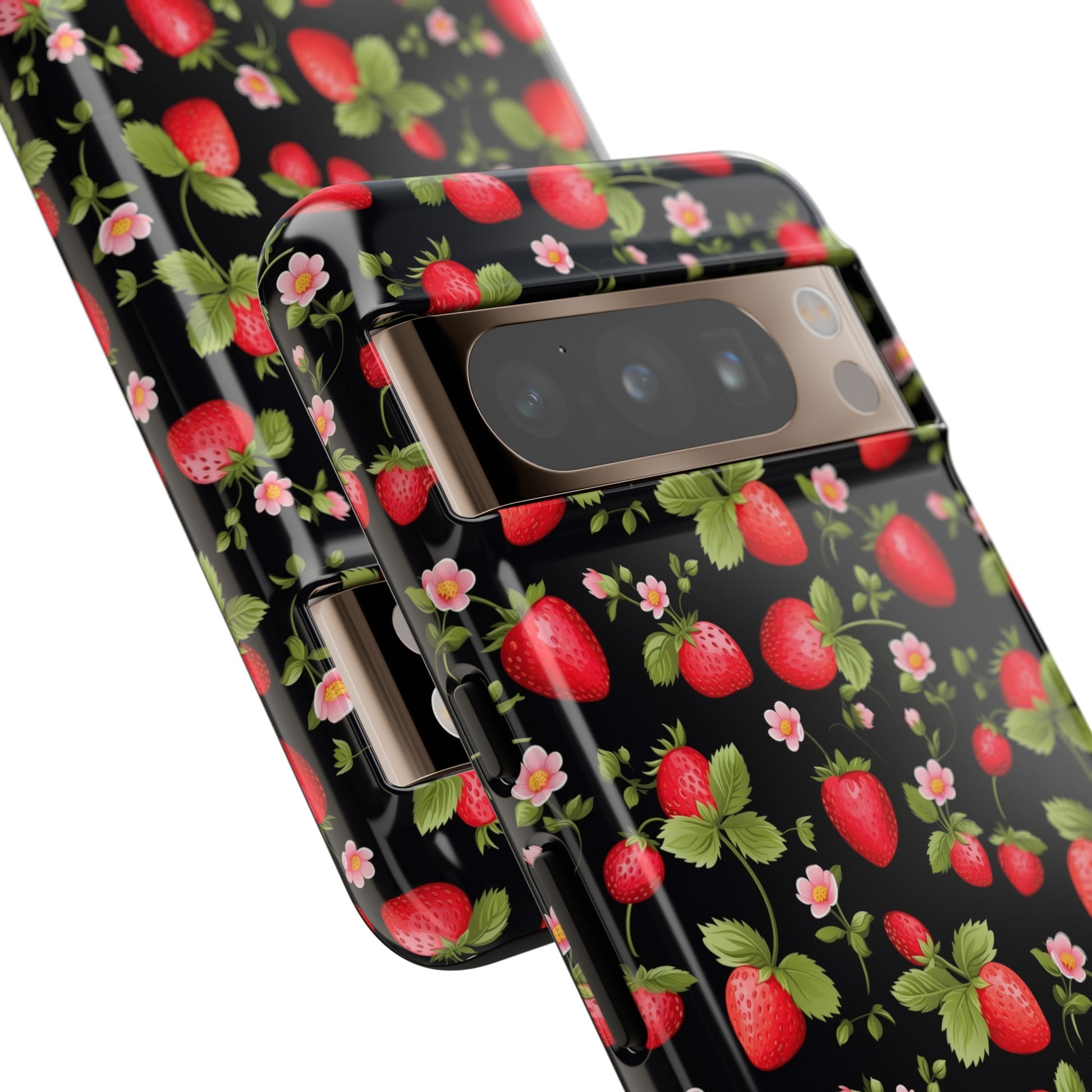 Strawberry's and Pink Flowers on Black Tough Phone Case - Cottage Garden Decor