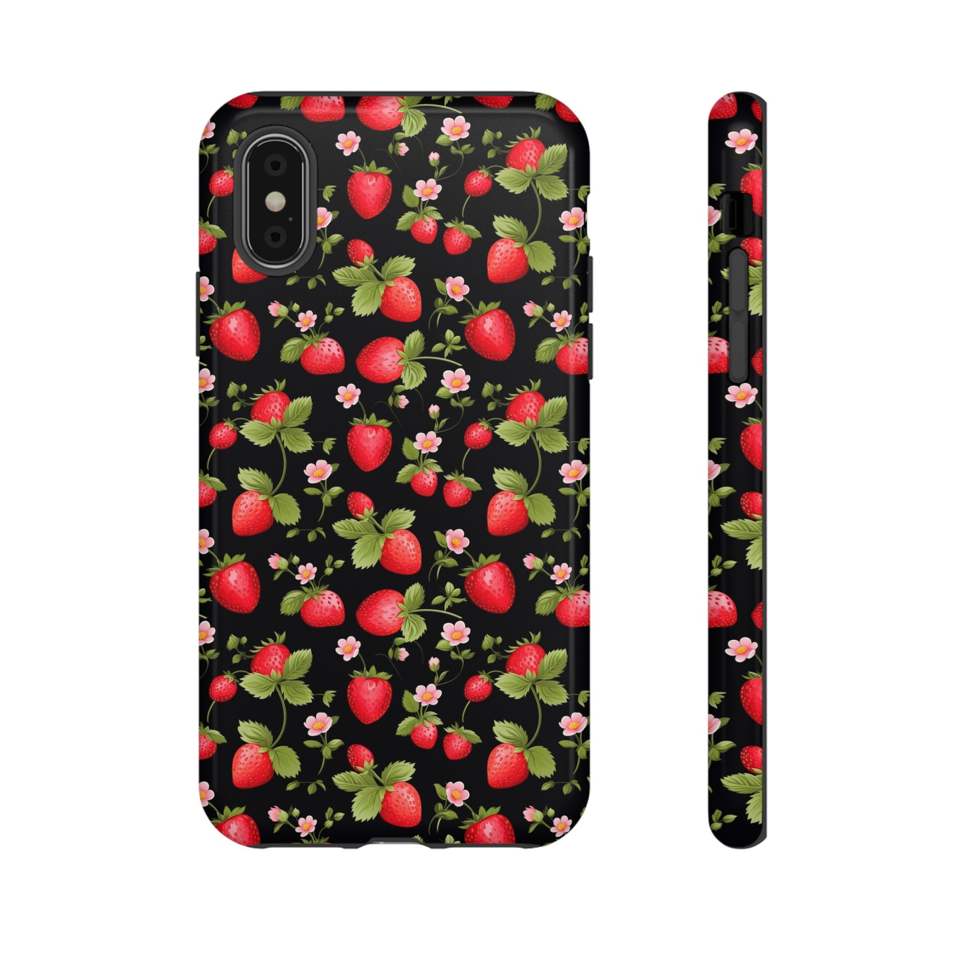 Strawberry's and Pink Flowers on Black Tough Phone Case - Cottage Garden Decor