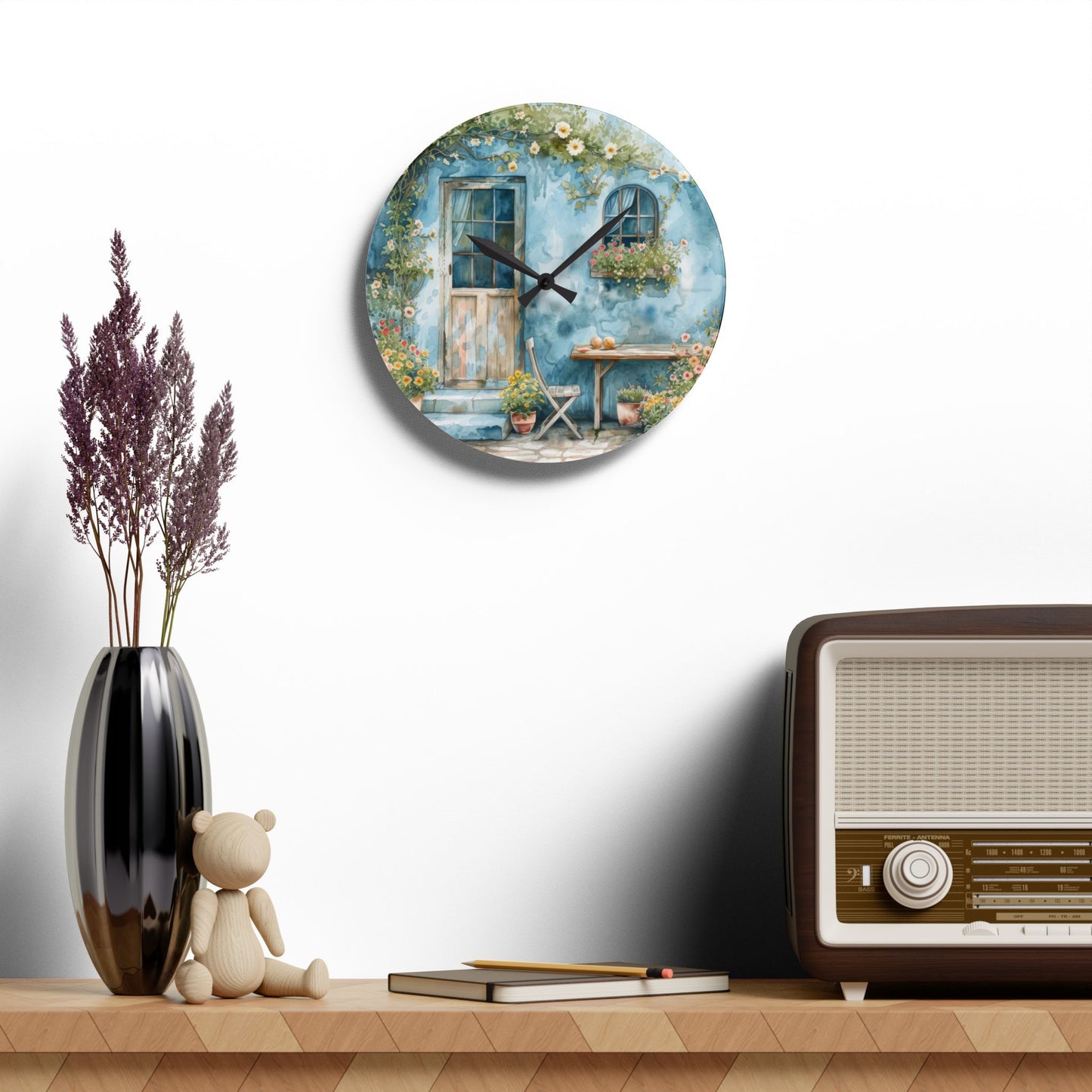 Blue Cottage Back Door Acrylic Wall Clock - Cottage Garden Decor