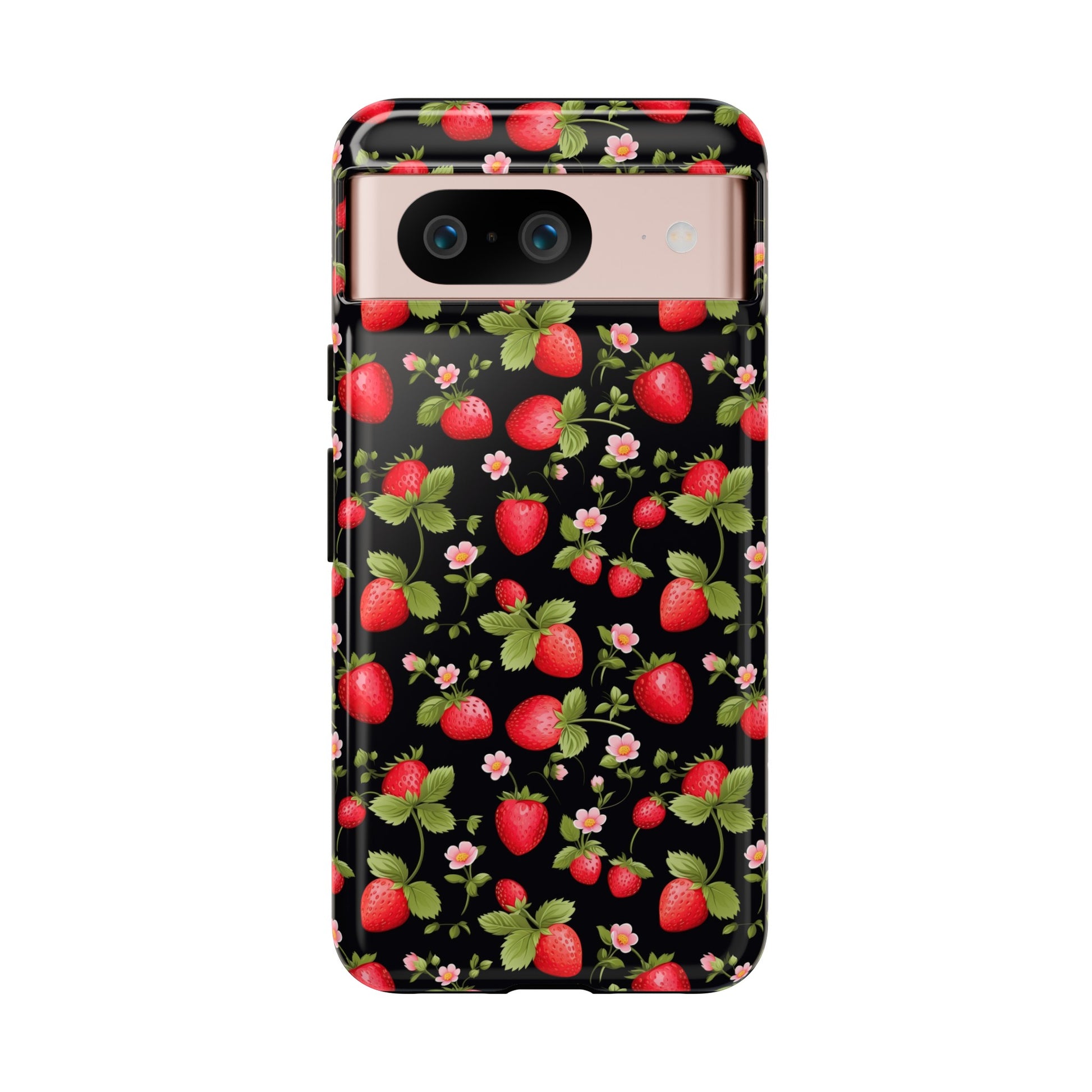 Strawberry's and Pink Flowers on Black Tough Phone Case - Cottage Garden Decor