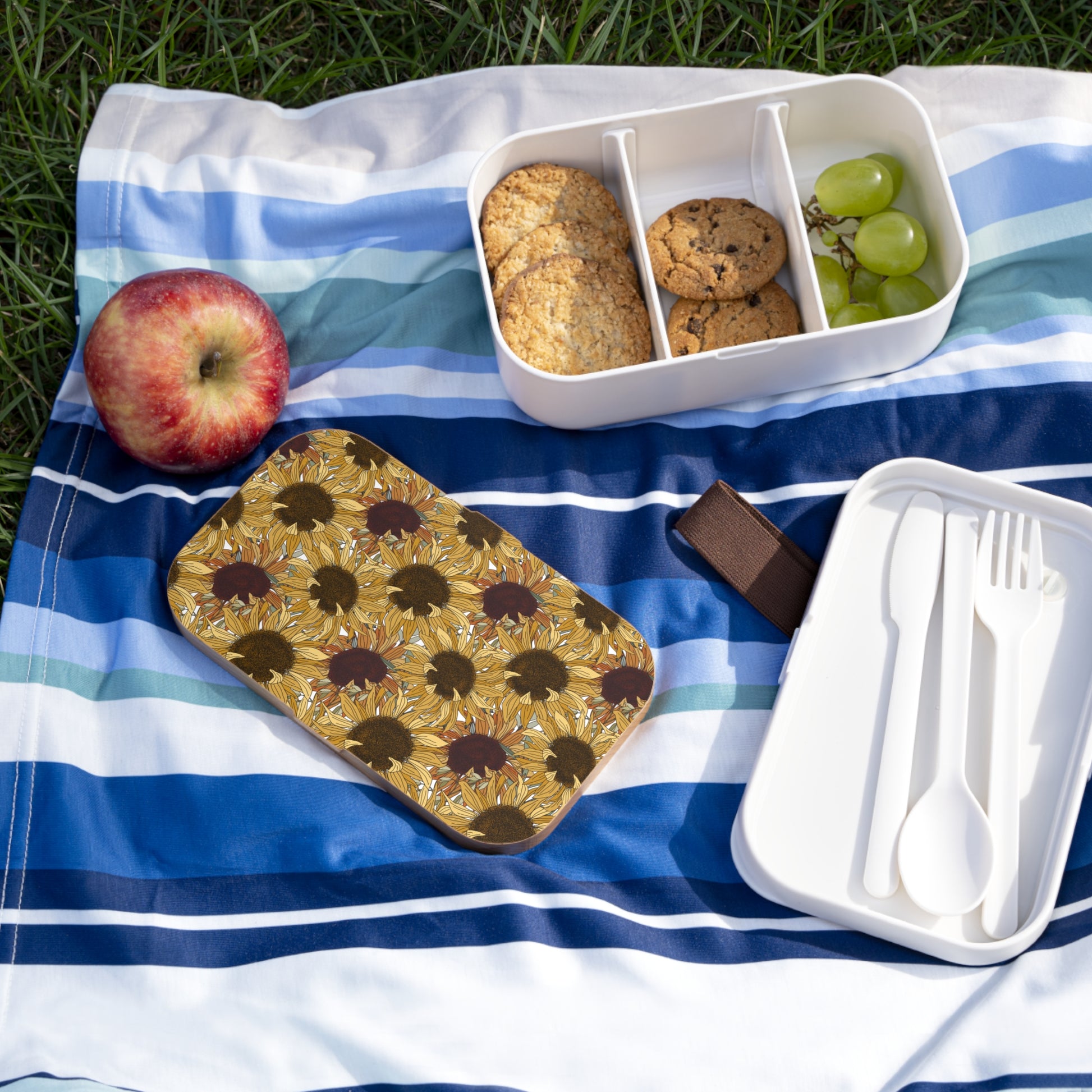 Cheerful Sunflowers Pattern Bento Box with Cutlery - Cottage Garden Decor