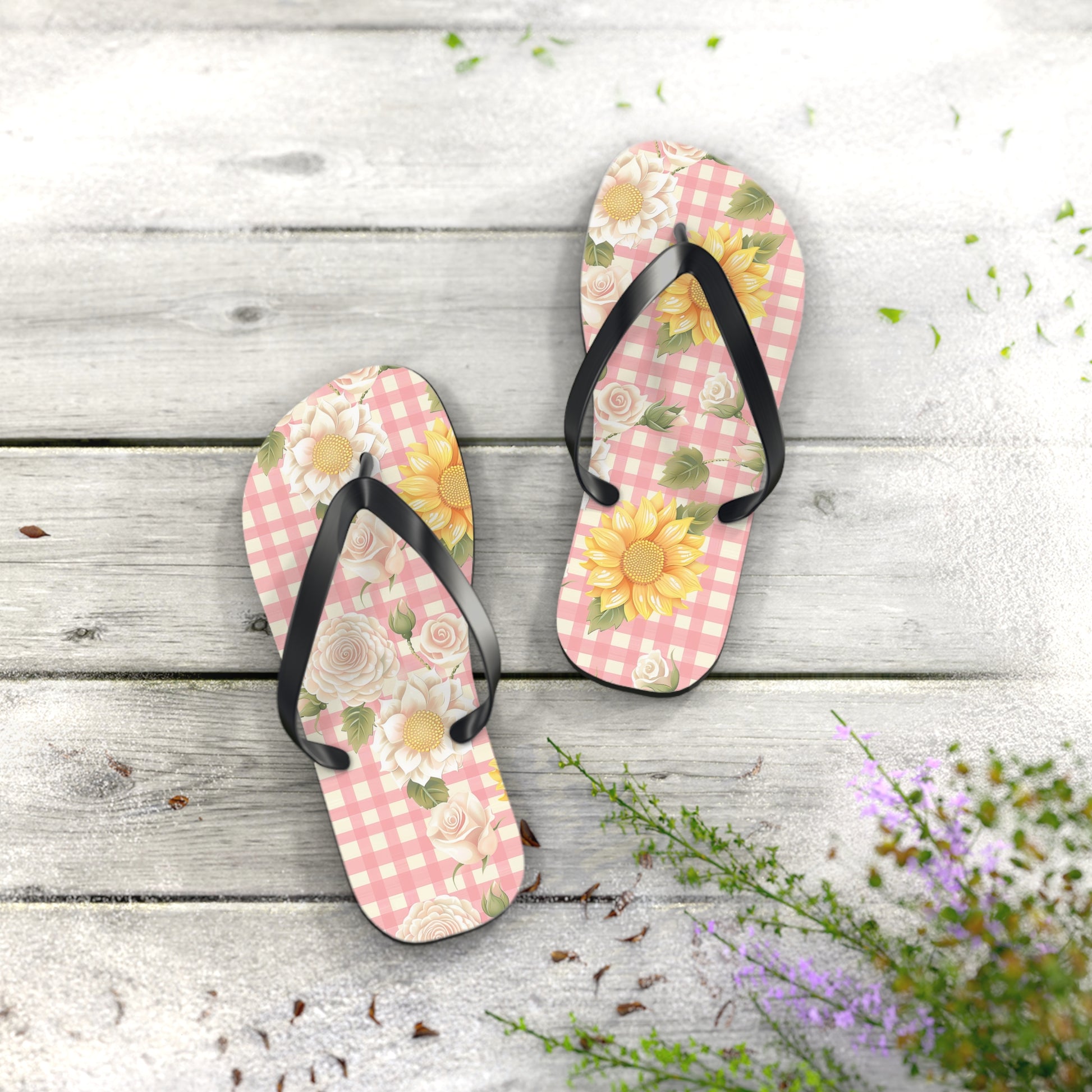 Sweet Bright Pink Gingham Floral Flip Flops - Cottage Garden Decor