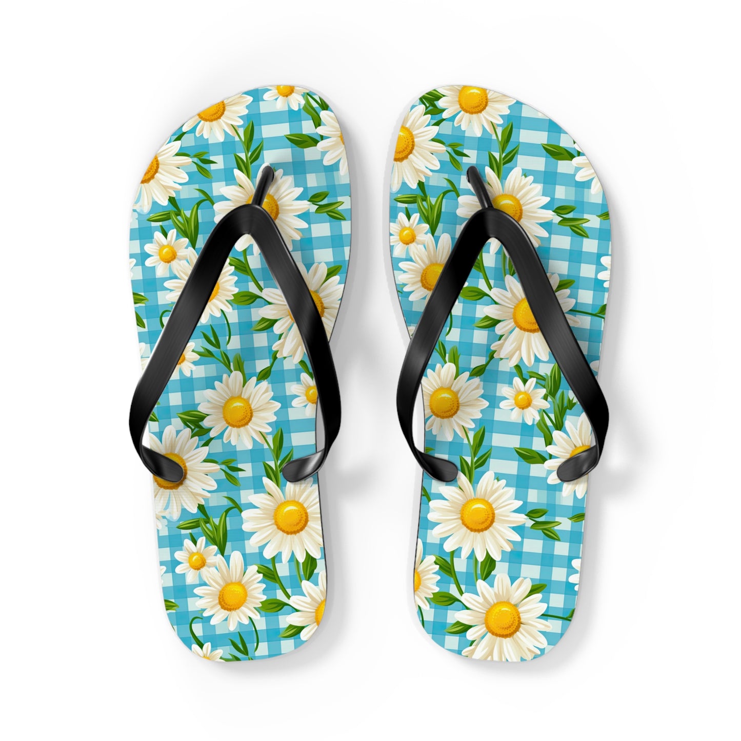 Bright Blue Gingham and Daisy's Flip Flops - Cottage Garden Decor