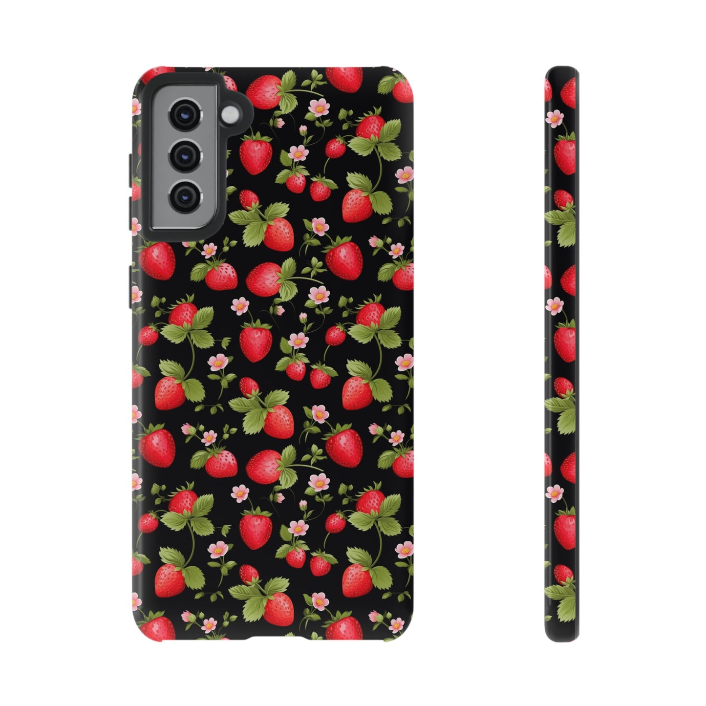 Strawberry's and Pink Flowers on Black Tough Phone Case - Cottage Garden Decor