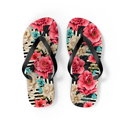 Stripes and Pink Roses Flip Flops - Cottage Garden Decor