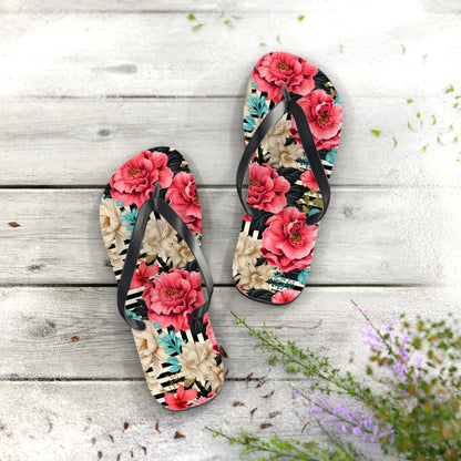 Stripes and Pink Roses Flip Flops - Cottage Garden Decor