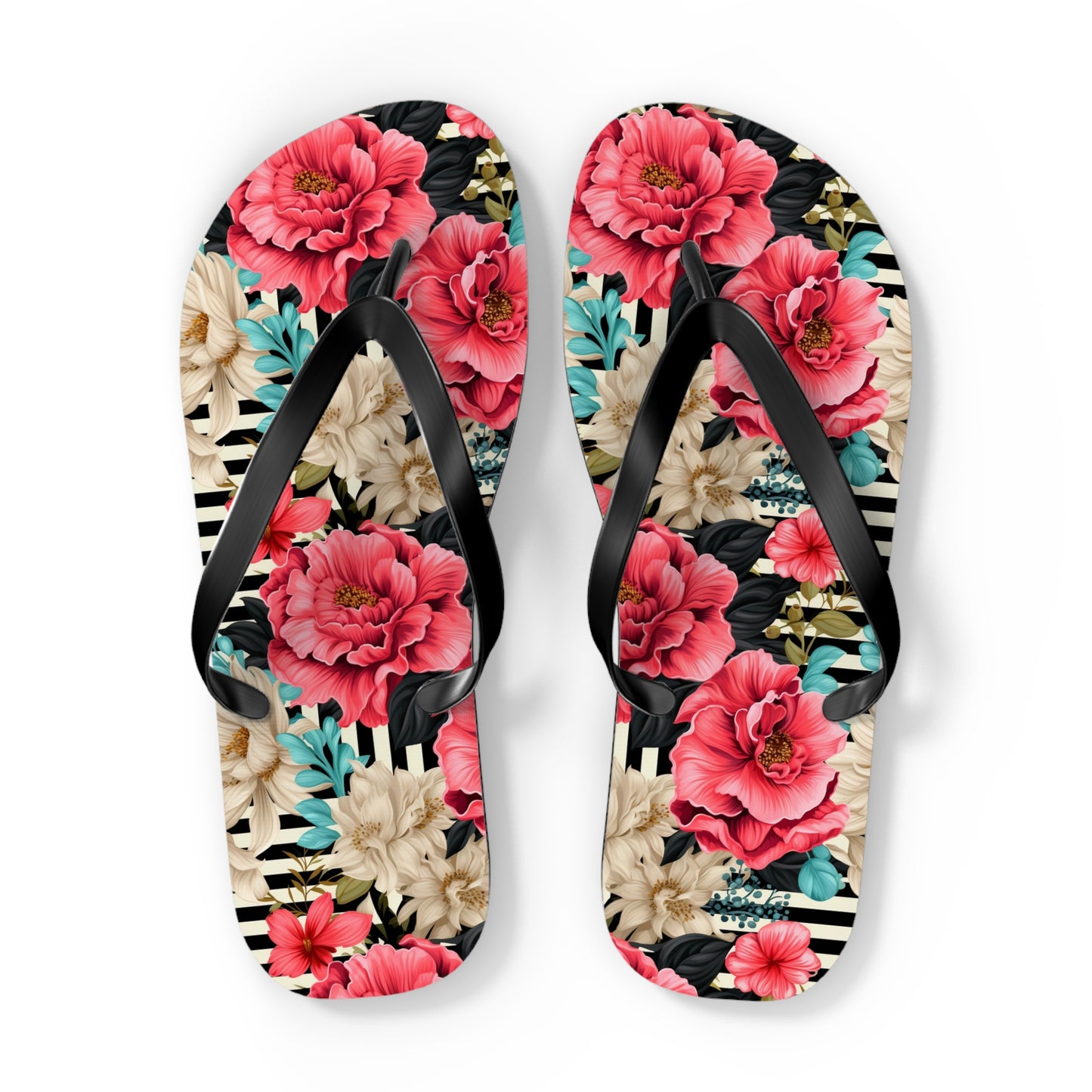 Stripes and Pink Roses Flip Flops - Cottage Garden Decor